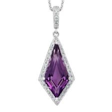 14K White Gold Kite Shaped Amethyst and Diamond Pendant with Adjustable Length Chain