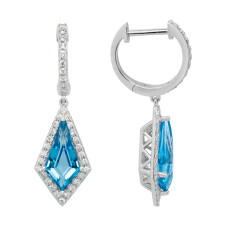 14K White Gold Kite Shaped Blue Topaz and Diamond Dangle Hoop Earrings