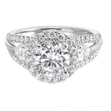 14K White Gold - 1.16ct - Round Diamond Halo Pear Shaped Three Stone Eng Ring Setting