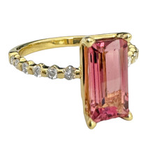 14K Yellow Gold -  1.85ct - Radiant Cut Pink Tourmaline & Diamond Single Prong Fashion Ring 