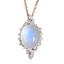 14K Rose Gold - 4.45ct - Oval Moon Stone & Fancy Diamond Halo Fashion Pendant & Chain (0.41ct)