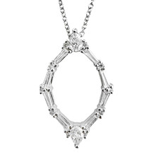 14K White Gold - 0.60ct - Round, Baguette & Pear Shaped Oval Halo Pendant & Chain