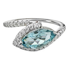 14K White Gold  - Marquise Aquamarine & Diamond Free Form Style Ring 