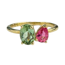 14K Yellow Gold - Oval Green Tourmaline & Pink Pear Tourmaline Toi Et Moi Ring