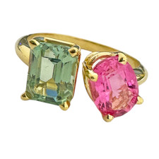 14K Yellow Gold - Em Cut Minty Green Tourmaline & Pink Tourmaline Two Stone Ring (1.27ct/1.53ct)