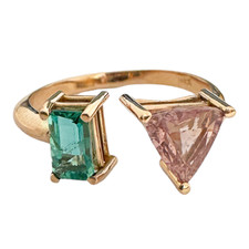 14K Rose Gold - Em Cut Minty Emerald & Trillion Peach Sapphire Two Stone Ring (0.40ct/1.06ct)