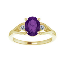 14K Yellow Gold - 8x6 - AA Grade - Oval Cut Amethyst & Diamond Three Stone Fashion Ring