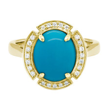 14K Yellow Gold - 11x9 Oval Turquoise & Diamond Halo Ring (0.11ct)
