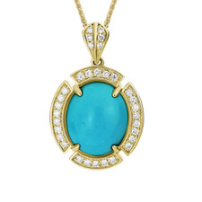 14K Yellow Gold - 12x10 - Oval Turquoise & Diamond Halo Pendant & Chain (0.18ct)