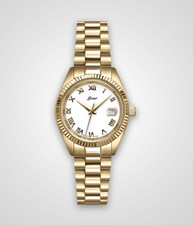 EWJ Ladies Signature Time Piece: Stainless Steel Case, Gold Dial, Fluted Bezel and Date Window.