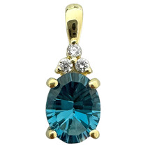 14K Yellow Gold - 9x7 - Oval Fancy Starburst Cut Blue Topaz & Diamond Pendant & Chain