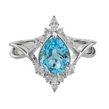 10K White Gold - 0.24ct - Pear Blue Topaz & Fancy Cut Diamond Vintage Fashion Ring