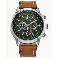 CITIZEN MENS ECO DRIVE WATCH - AVION - GREEN DIAL, BROWN LEATHER - 44MM