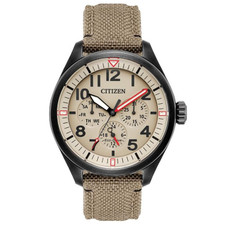 CITIZEN ECO DRIVE WATCH - BLACK CASE, IVORY DIAL, NYLON BAND - 43MM