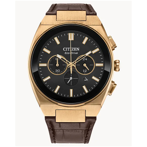 CITIZEN ECO DRIVE AXIOM - GOLD TONE CHRONO, BROWN LEATHER BAND