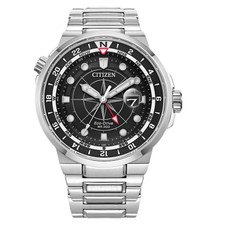 CITIZEN ECO DRIVE ENDEAVOR MENS WATCH - STAINLESS STEEL, BLACK DIAL - 44MM