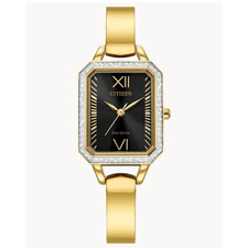 Ladies Citizen Eco Drive Watch, Gold Tone Tank Style Black Dial, Crystal Accents