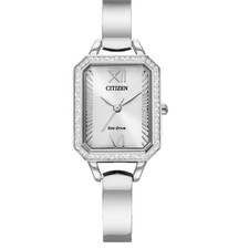 Ladies Citizen Eco Drive Watch, Steel Tank Style Black Dial, Crystal Accents