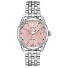 Ladies Citizen Eco Drive Watch, Silver Tone, Pink Dial with Date Window