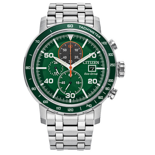 CITIZEN ECO DRIVE BRYCEN WATCH - GREEN DIAL, CHRONO, STEEL 44MM