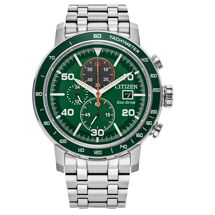 CITIZEN ECO DRIVE BRYCEN WATCH - GREEN DIAL, CHRONO, STEEL 44MM