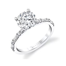 14K White Gold - Designer Sylvie -  Petite Baguette & Round Cut Diamond Engagement Ring Setting (0.46CT)