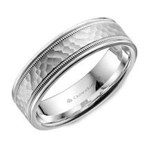 14K White Gold - 6MM - Hammered Milgrain Edge Gents Wedding Band