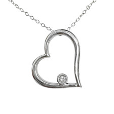 14K White Gold - Bezel Set Round Diamond Open Heart Pendant & Chain (0.06ct)