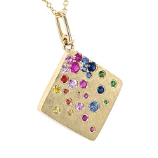 14K Yellow Gold - 0.61ct - Rainbow Gemstone Confetti Set Square Shaped Medallion Necklace