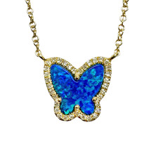 14K Yellow Gold - Black Opal Butterfly Slice & Diamond Halo Necklace (0.08ct)