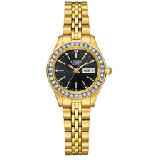 CITIZEN LADIE - QUARTZ - GOLD TONE JUBILEE, BLACK DIAL, CRYSTAL BEZEL