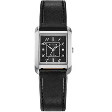 LADIES CITIZEN BIANCA - ECO DRIVE - TANK STYLE STEEL WATCH - BLACK LEATHER BAND