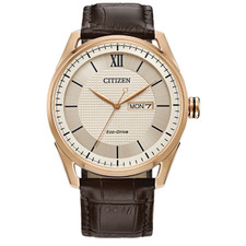 CITIZEN ECO DRIVE - GENTS CLASSIC - GOLD TONE, CREAM DIAL, BROWN LEATHER BAND - 42MM