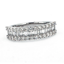 14K White Gold - 1.00ct - Baguette & Round Cut Three Row Diamond Anniversary Band