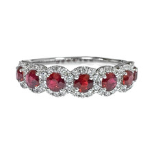 14K White Gold - 0.88ct - Round Ruby & Diamond Halo 7 Stone Band (0.32ct)