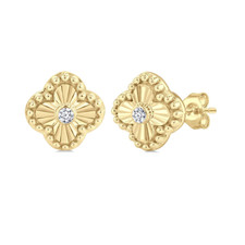 10K Yellow Gold - Round Diamond Set Fluted Clover Stud Earrings