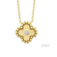 10K Yellow Gold - Round Diamond Set Fluted Clover Necklace -
