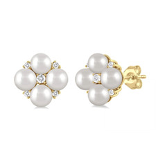10K Yellow Gold - 0.10ct - Clover Style Pearl & Diamond Stud Earrings