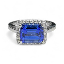 14K White Gold - 2.20ct - Sideways Set Emerald Cut Tanzanite Diamond Halo Ring 
