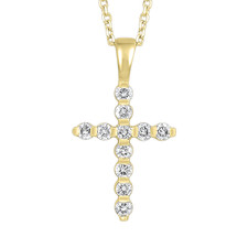 14K YELLOW GOLD - 0.20CT CLASSIC SHARED PRONG DIAMOND CROSS PENDANT WITH CHAIN