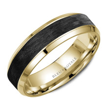 14K Yellow Gold - 6mm - Black Forged Carbon Fiber Beveled Edge Gents Band