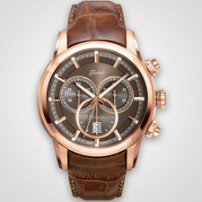  Mens EWJ Signature Chronograph Watch Steel Case, Brown Dial, Brown Leather