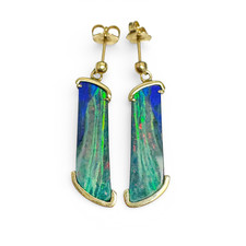 14K Yellow Gold - EWJ Custom Hand Made Australian Opal Sliced Dangle Earrings