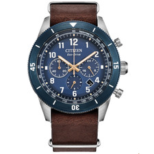 CITIZEN ECO DRIVE MENS - TERRA FORCE, BLUE BEZEL - BROWN LEATHER BAND