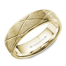 10K Yellow Gold - 6.5mm Diamond Brushed Criss Cross Men's Wedding Band