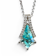 14K White Gold - EWJ Custom Kite Cut Blue Zircon & Diamond Pendant & Chain 
