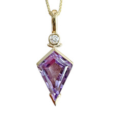14K Yellow Gold - EWJ Custom - Kite Cut Amethyst & Diamond Bezel Set Pendant & Chain (0.07ct)