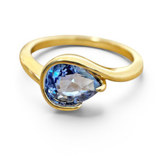 14K Yellow Gold - 0.95ct - EWJ Custom - Pear Cut Blue Sapphire Swirl Bezel Ring