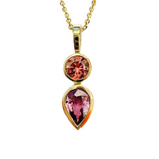 14k Yellow Gold - EWJ Custom - Bezel Set Peach & Pink Sapphire Two Stone Pendant & Chain