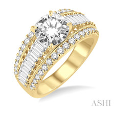 14K Yellow Gold - 1.30ct - Baggutte & Round Diamond Three Row Engagement Ring Setting